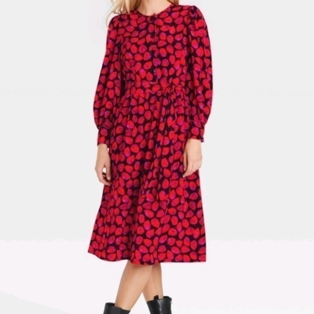 Who What Wear Target Red and Black Midi Length Boho/Prairie Style Dress Size XS